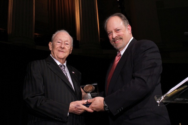 Baruch President Mitchel B. Wallerstein (at right) presents the President?s Medal to 2012 Honoree William M. Newman ?47, Hon., LLD ?97. 