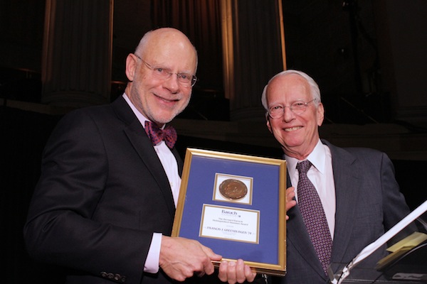 President of the Baruch College Fund Joel Cohen ?59 (at right) presents the Distinguished Alumni Award to Francis Greenburger ?74