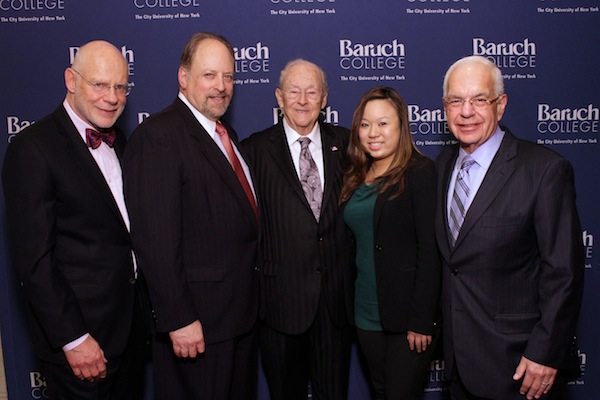 Honoree Francis Greenburger ?74, Baruch College President Mitchel Wallestein, Honoree William M. Newman ?47, Hon., LLD ?97, Alumni Speaker Catherine Kuo ?11, and Honoree Joseph Macnow ?67.