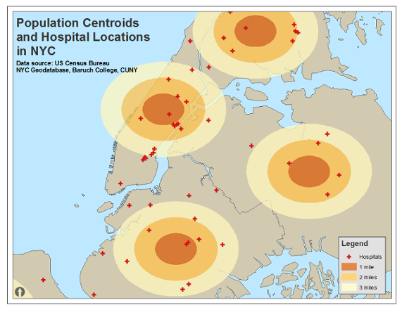 NYC Population Centroids and Hospitals
