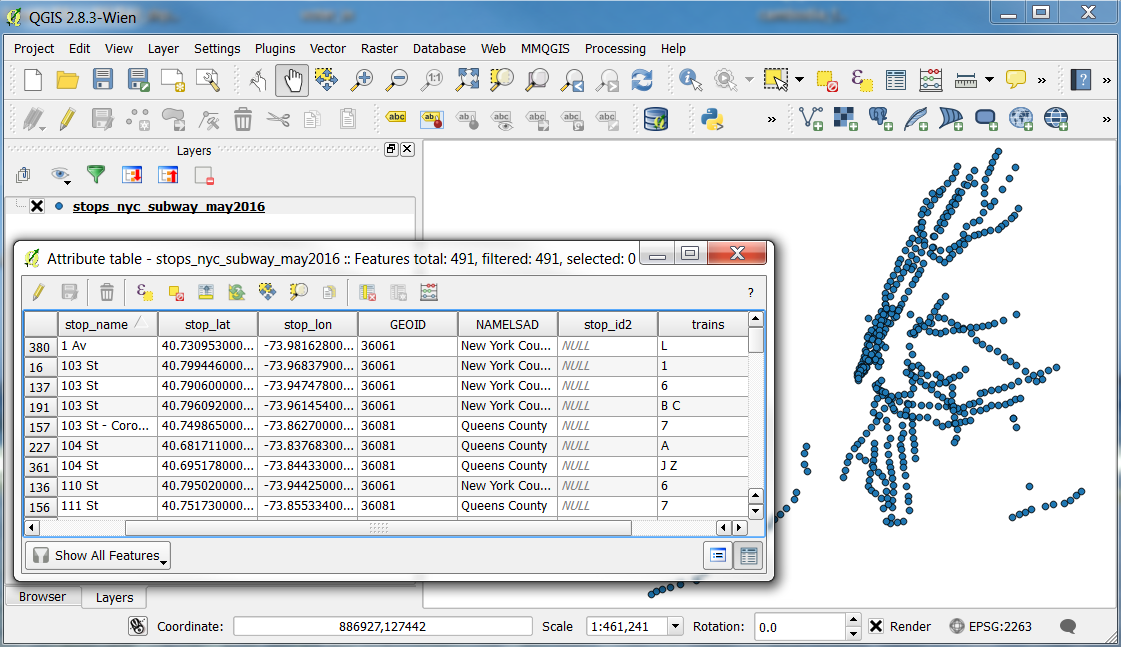 A shapefile and its attributes in QGIS