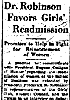 Ticker Article, Dr. Robinson Favors Girls Readmission, 03/13/1935