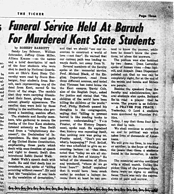 Article from the Ticker about the Kent State Memorial, May 12, 1970. 